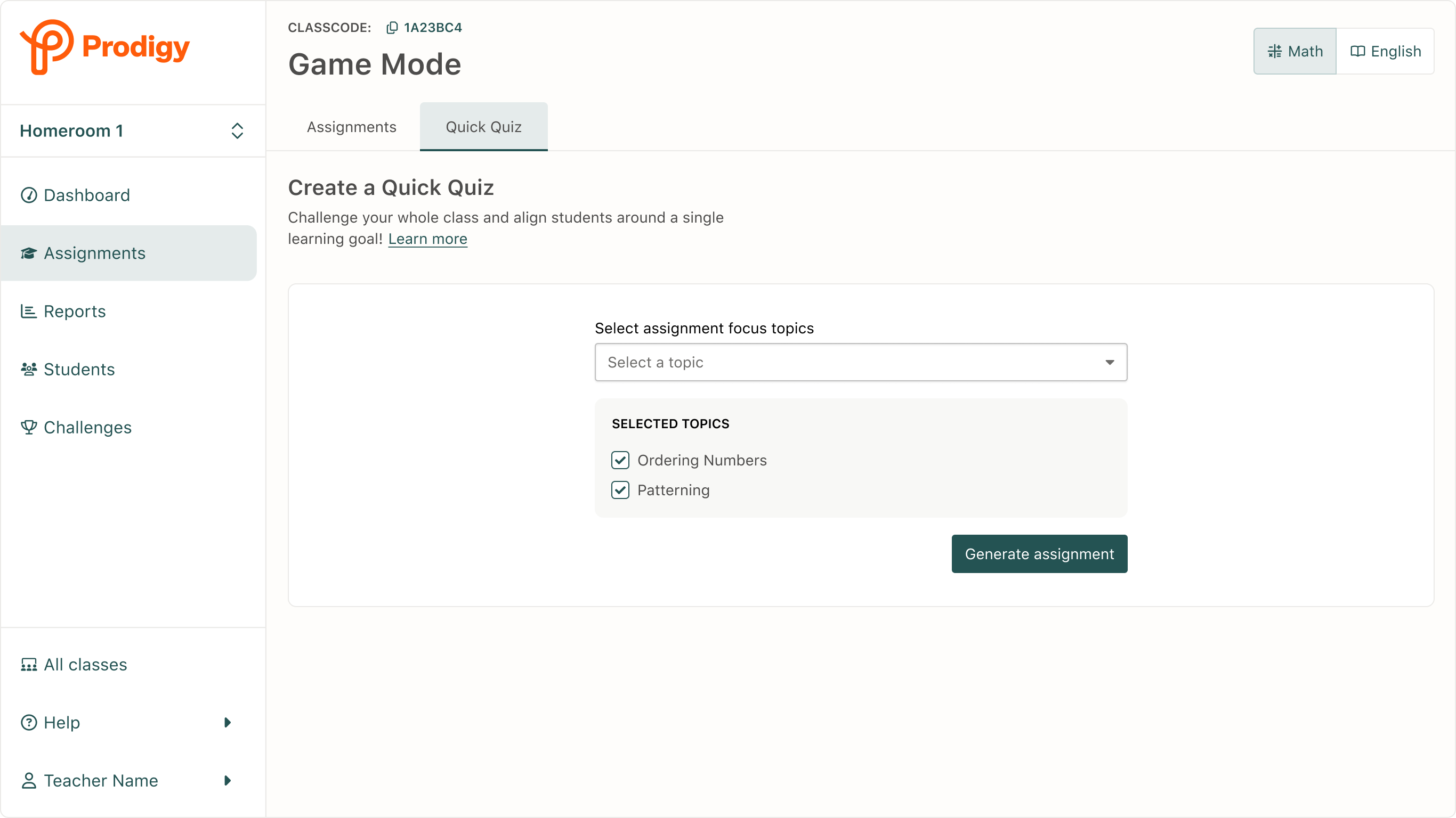 Generate assignment interface