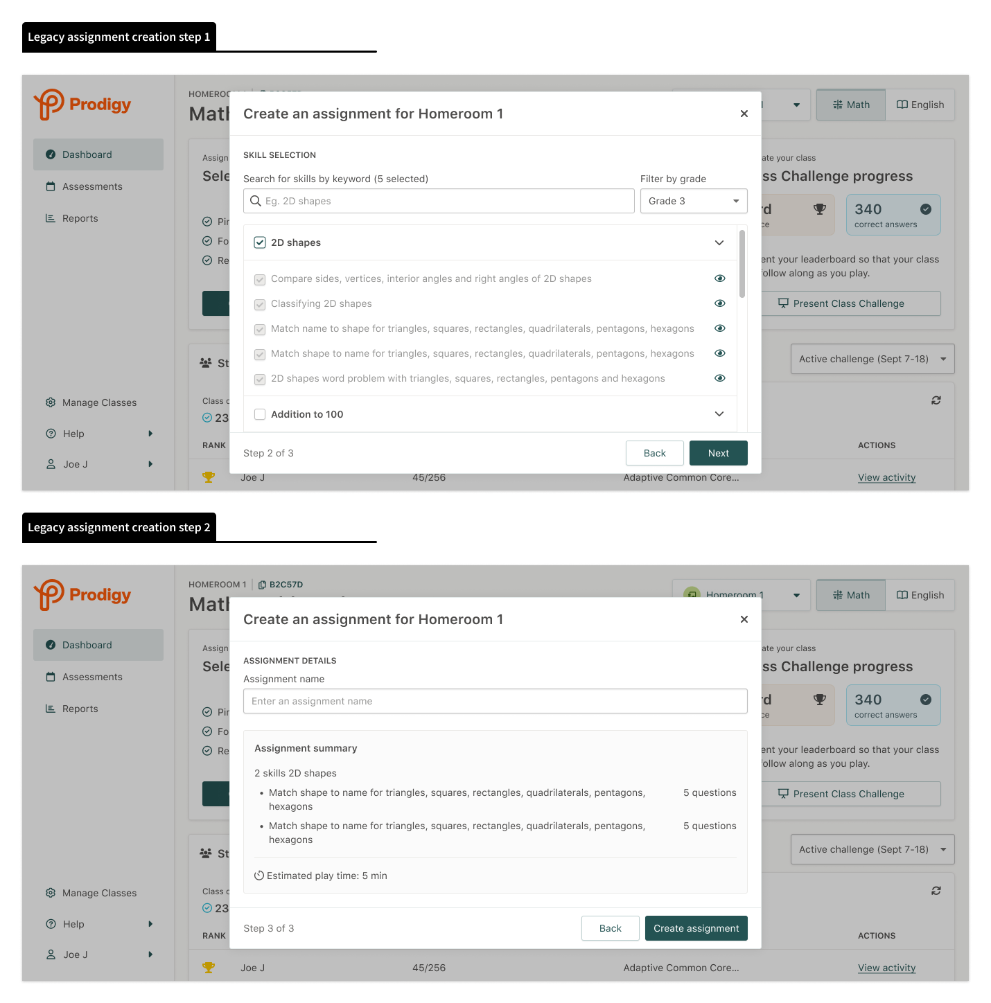 Old assignment creation flow showing modal-based interface