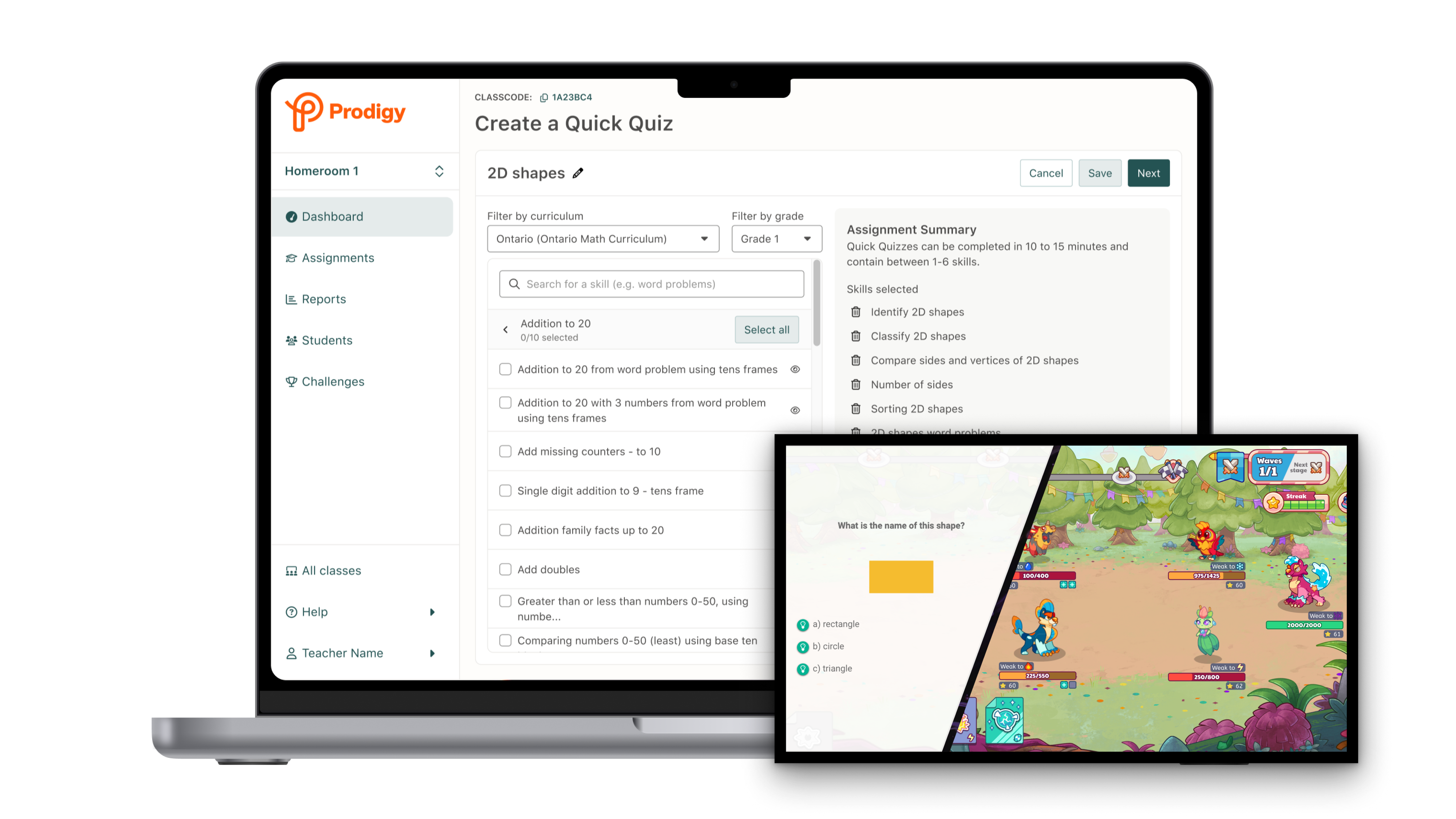 Quick Quiz classroom gameplay interface showing real-time student participation