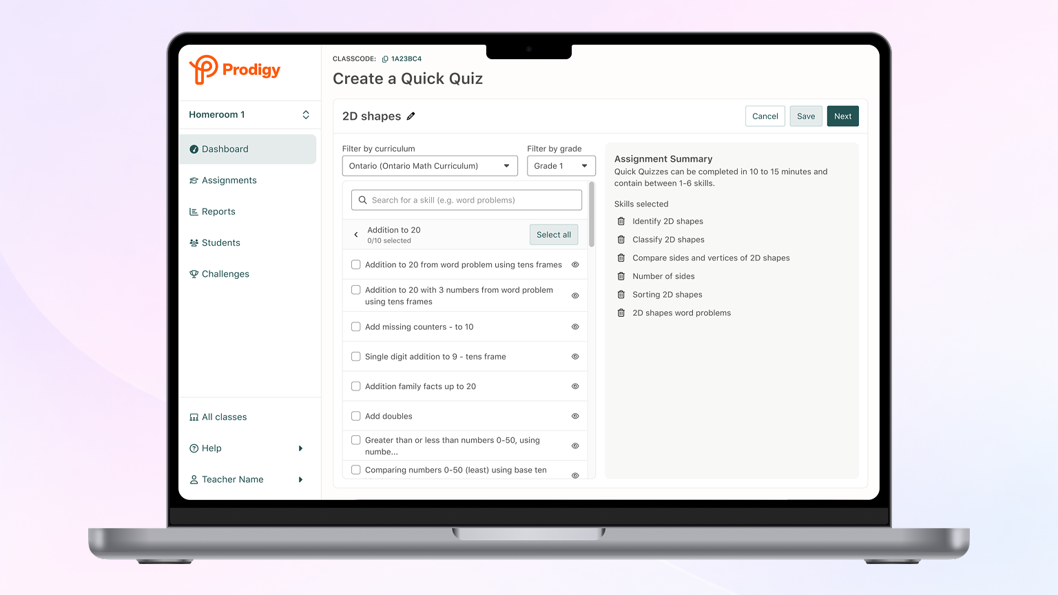 Quick Quiz classroom gameplay interface