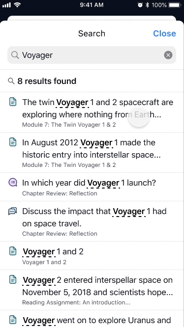 Press and hold interaction showing search results list